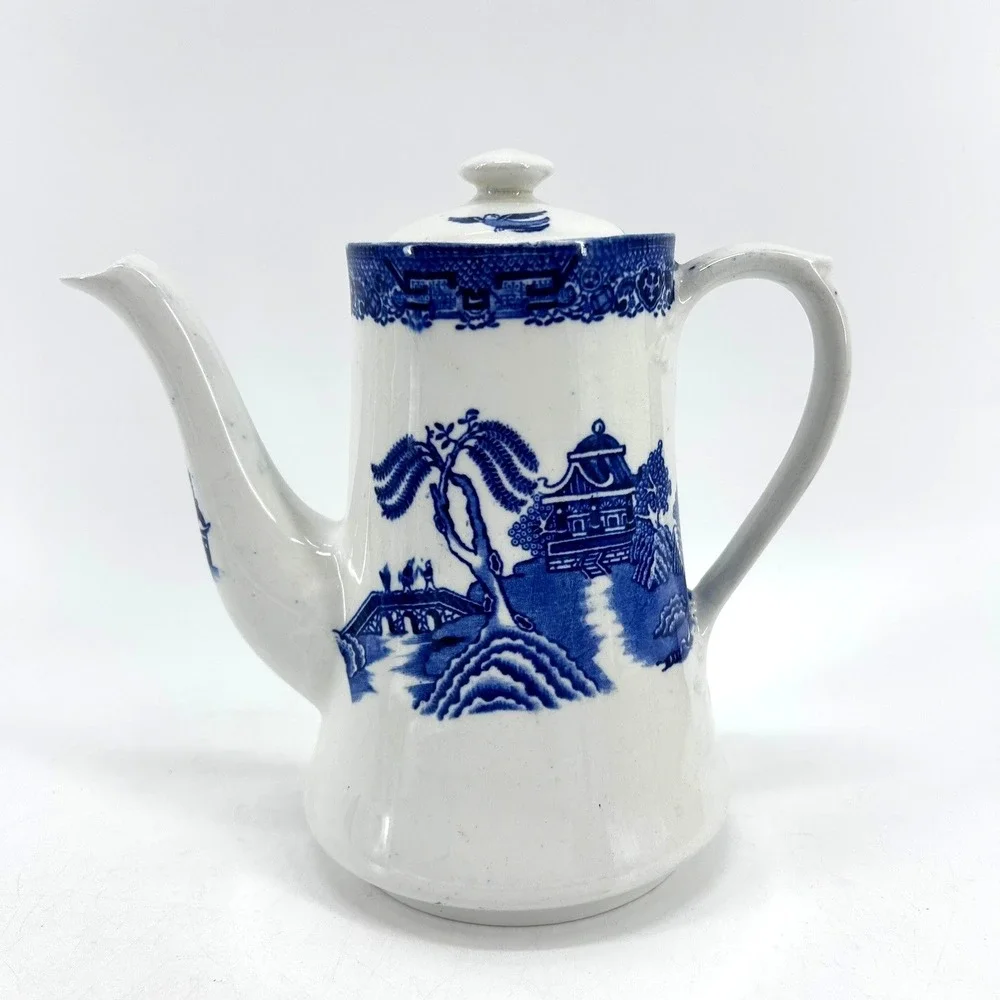 WoodsWare Blue Willow Chinoiserie Ceramic Coffee Pot Tea Pot Pagoda Scene VTG